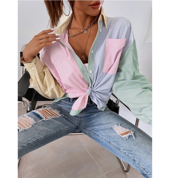Multicolor Striped Casual Oversized Button Down Shirt Blue, Green, Yellow, Pink - Picture 3 of 11